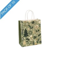 PAPER BAG SMALL GREEN XMAS PATTERN PK10