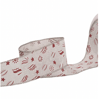 WHITE RED BAUBLES WIRE RIBBON 60MM X 20M
