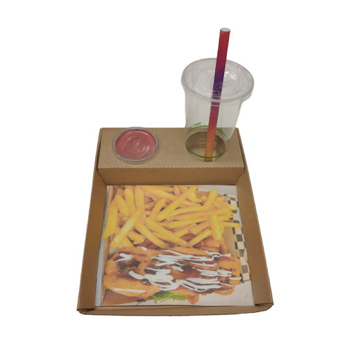 KRAFT BOARD TRAY WITH CUP/SAUCE HOLDER