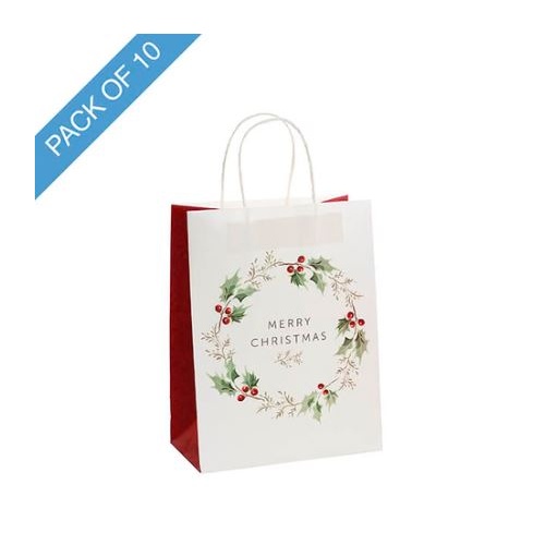 XMAS PAPER BAG MED WREATH ON WHITE PK10
