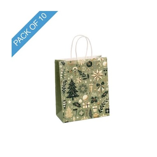 PAPER BAG SMALL GREEN XMAS PATTERN PK10