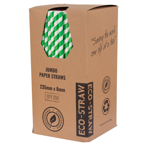 PAPER STRAWS JUMBO GREEN/WHITE 8MM