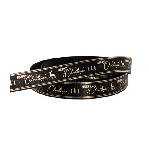 GOLD ON BLACK REINDEER RIBBON 15MM X 20M
