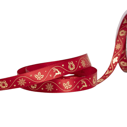 RIBBON SATIN XMAS FOIL RED 15MMX20M
