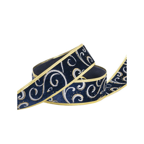 RIBBON VELVET SWIRL NAVY GOLD 60MMX20M