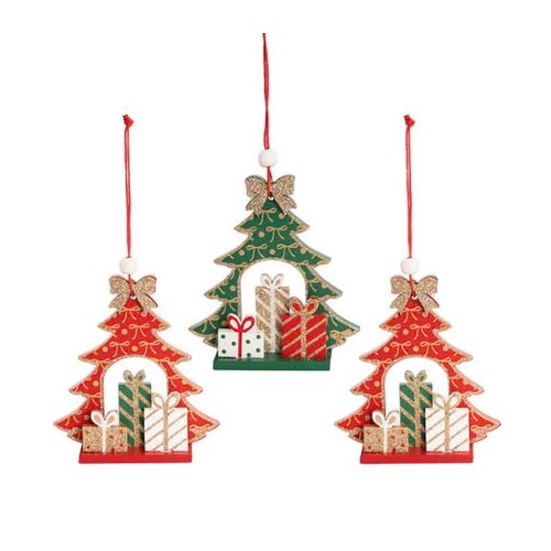 XMAS HANGING WOODEN ASSORTED TREES SET 3